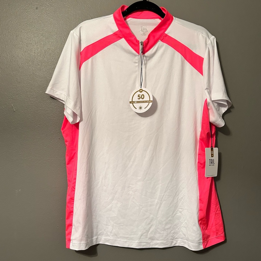 NWT Tail White Label XXL Women’s White & Neon Pink Mockneck Bodysuit Swim Shirt!